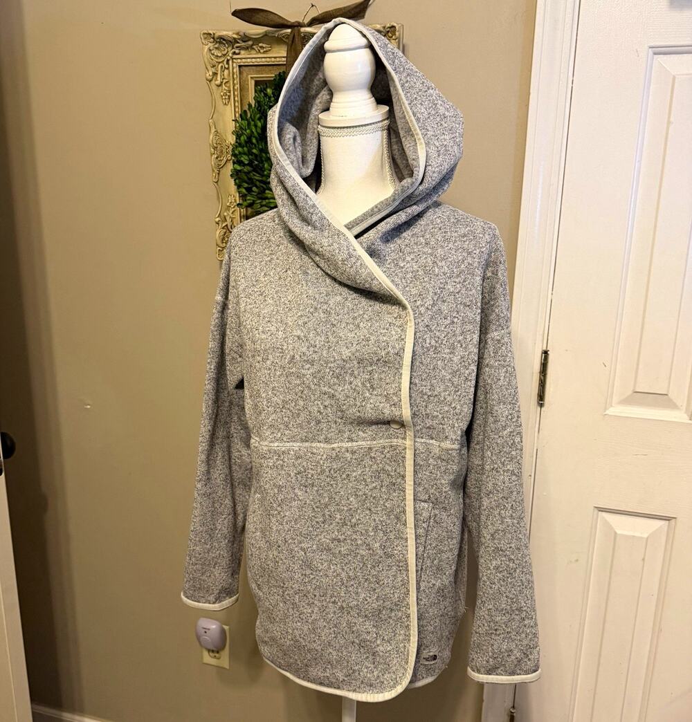 The North Face womens S gray fleece hooded cardigan snap pockets logo